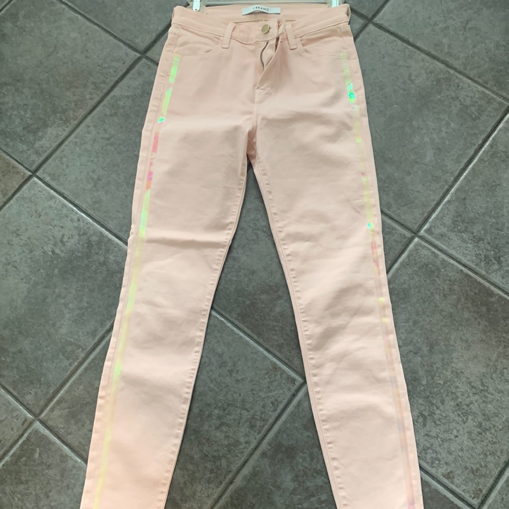 J Brand pink tuxedo stripe pink skinny jeans